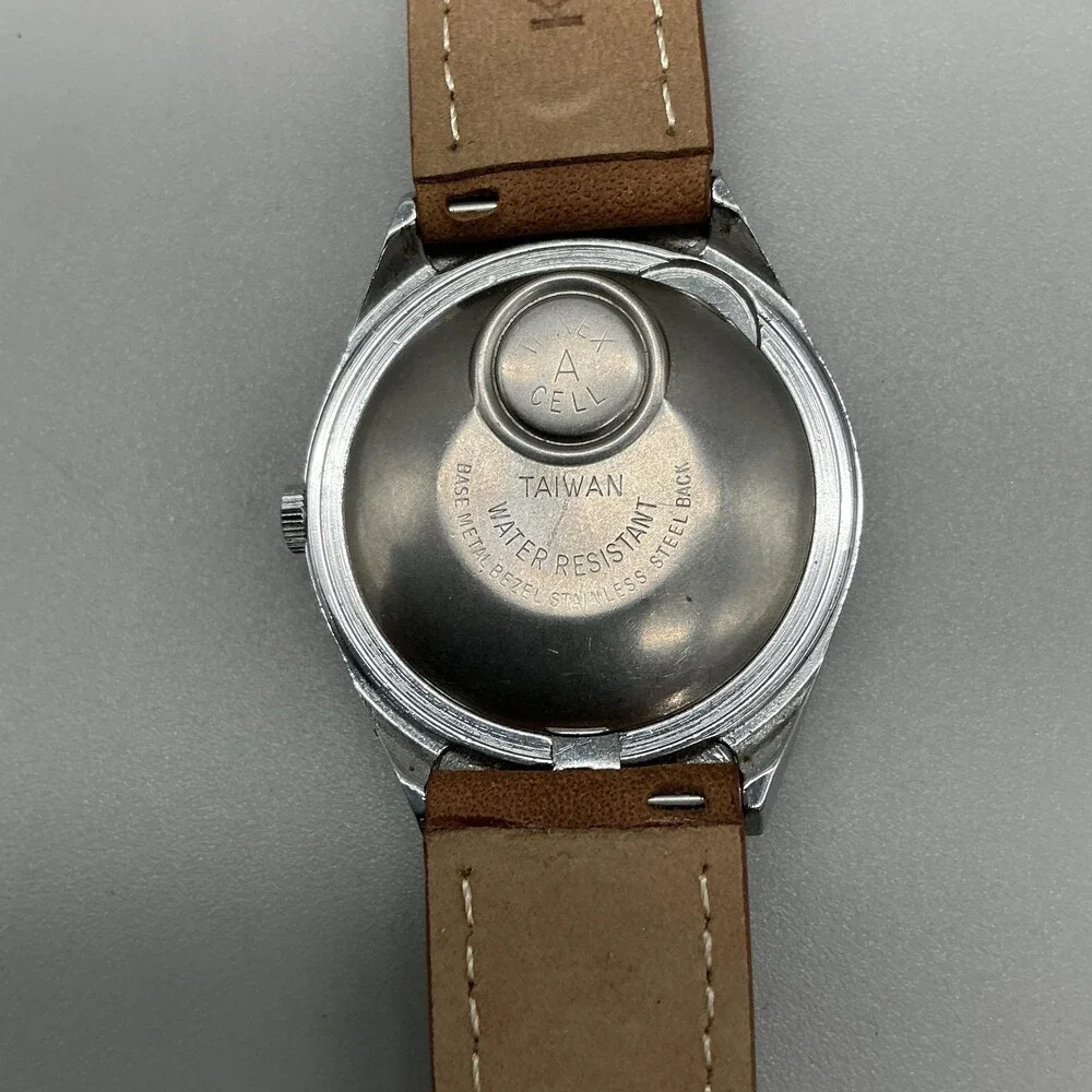 Vintage 1970s Timex Electric Mens Watch 38mm Brown Dial Day Date Leather Strap
